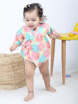 Polka Tots - Cotton Half Sleeve Lemon Print Kimono Bodysuit - Multicolor