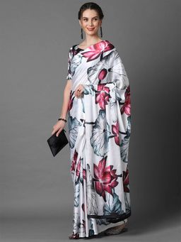 Odette - Off White Casual Crepe Printed Saree with Unstitched Blouse