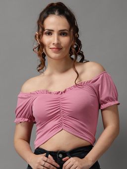SHOWOFF - Womens Sweetheart Neck Pink Fitted Crop Top