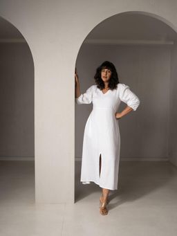 WHY SO BLUE - Amal Linen Slit White Dress