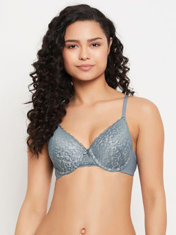 Clovia - Power Net Self Design Padded Demi Cup Underwired Push-Up Bra Grey