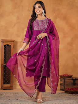 Janasya - Women Purple Silk Blend Embroidered Straight Kurta with Pant & Dupatta (Set of 3)