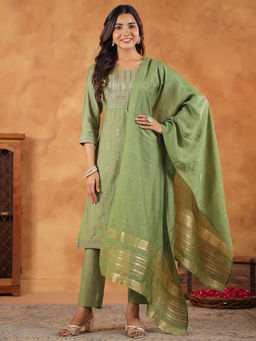 Janasya - Women Sage Green Silk Blend Embroidered Straight Kurta with Pant & Dupatta (Set of 3)