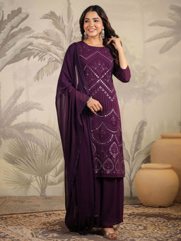 Janasya - Women Purple Mirror Work Embroidered Straight Kurta with Palazzo & Dupatta (Set of 3)