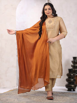 Janasya - Women Plus Size Beige Silk Blend Yoke Embroidery Kurta with Pant & Dupatta (Set of 3)
