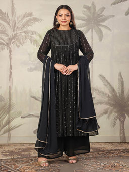 Janasya - Women Plus Size Black Foil Printed Anarkali Kurta with Pant & Dupatta (Set of 3)