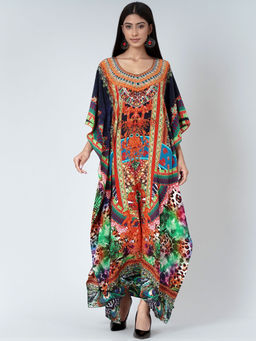 First Resort by Ramola Bachchan - Black And Orange Embellished Silk Full Length Kaftan