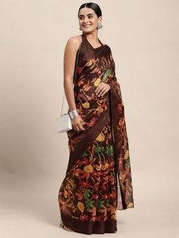 Odette - Cotton Silk Brown Printed Saree with Unstitched Blouse
