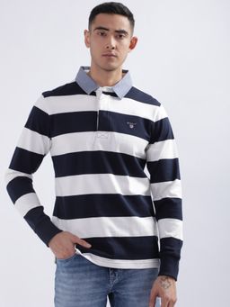 GANT - White Striped Polo Collar Long Sleeves Pure Cotton T-Shirt
