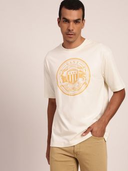 GANT - Men Cream Printed Pure Cotton Raw Edge T-Shirt