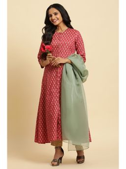 W - Women Pink Festive Floral Print Cotton Straight Kurta