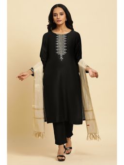 W - Black Embroidered Kurta-Slim Pant-Dupatta (Set of 3)
