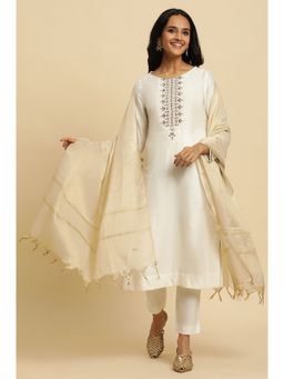 W - Off White Embroidered Kurta-Slim Pant-Dupatta (Set of 3)
