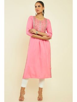 Soch - Women Pink Rayon Embroidered Kurta