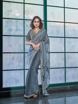 Simaaya - Grey Elegant Chinon Crepe Saree with Unstitched Blouse