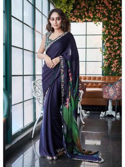 Simaaya - Navy Blue Elegant Chinon Crepe Saree with Unstitched Blouse