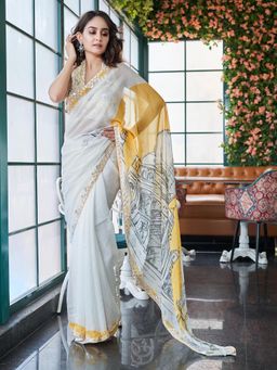 Simaaya - White Elegant Chinon Crepe Saree with Unstitched Blouse