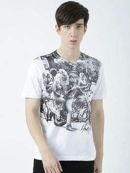 Huetrap - Mens White Half Sleeves V Neck T-shirt