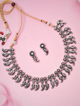 Estele - Rhodium Plated Antique Oxidised Stunning Necklace Earring for Women (Set of 2)