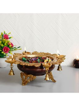 eCraftIndia - Premium Handcrafted Brass Urli With 4 Diya Wicks And Bells