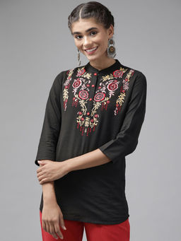 Yufta - Women Black Embroidered Regular Top