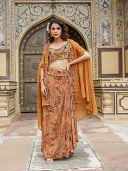 Scakhi - Brown Crepe Silk Floral Print and Embellished Cape with Blouse and Skirt (Set of 3)