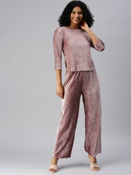 SHOWOFF - Women Above Knee Round Neck Taupe Solid Co-Ord (Set of 2)