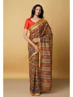 Unnati Silks - Cream Pure Handloom Venkatagiri Kalamkari Cotton Saree with Unstitched Blouse