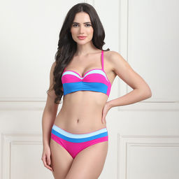 PrettyCat - Lightly Padded Colorblock Sexy Balconette Bra With Matching Panty Set of 2