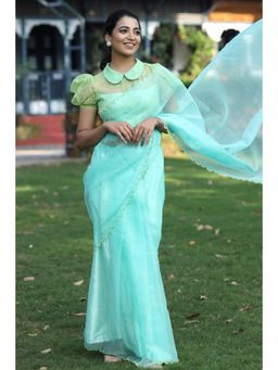 Bullion knot - Blue Embroidered Saree with Stitched Blouse