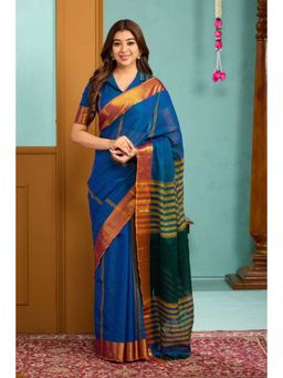 Bullion knot - Blue Woven Saree with Unstitched Blouse