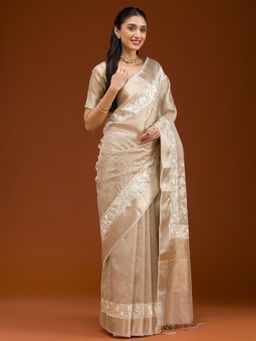 Koskii - Women Zariwork (Silver) Tissue Saree With Unstitched Blouse