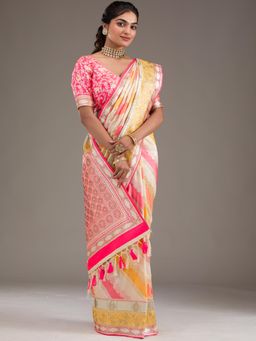 Koskii - Cream Woven Saree with Unstitched Blouse