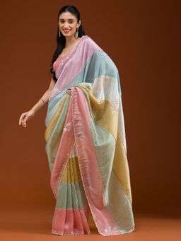 Koskii - Women Stonework (Silver) Tissue Saree With Unstitched Blouse