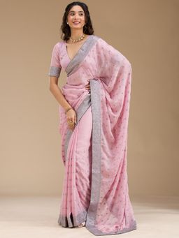 Koskii - Women Zariwork (Silver) Georgette Saree With Unstitched Blouse