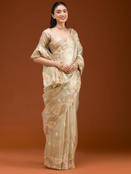 Koskii - Yellow Embroidered Saree with Unstitched Blouse