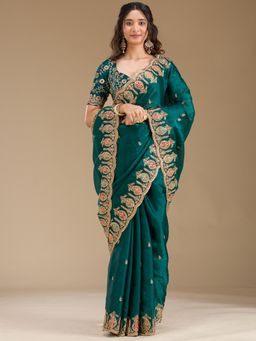 Koskii - Green Embellished Saree with Unstitched Blouse