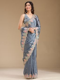 Koskii - Grey Embellished Saree with Unstitched Blouse