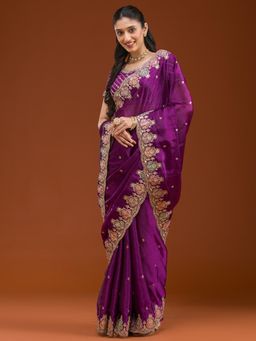 Koskii - Purple Embroidered Saree with Unstitched Blouse
