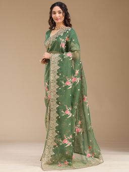 Koskii - Green Embroidered Saree with Unstitched Blouse