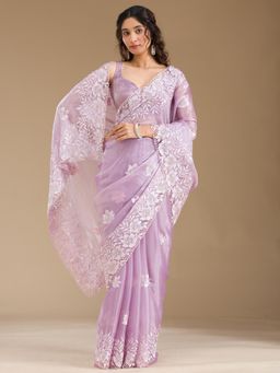 Koskii - Purple Embroidered Saree with Unstitched Blouse