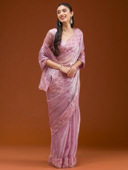 Koskii - Purple Embroidered Saree with Unstitched Blouse