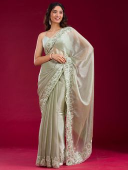 Koskii - Green Embroidered Saree with Unstitched Blouse