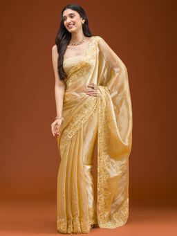 Koskii - Yellow Embroidered Saree with Unstitched Blouse