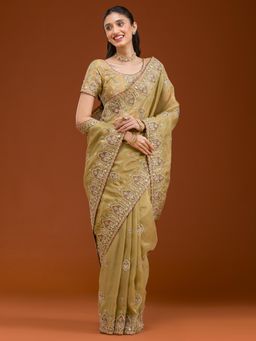 Koskii - Green Embroidered Saree with Unstitched Blouse