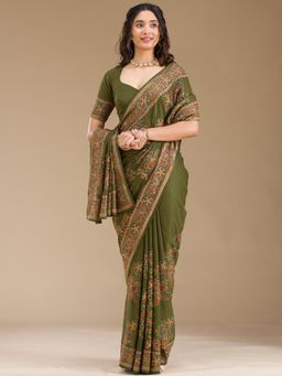 Koskii - Green Embroidered Saree with Unstitched Blouse