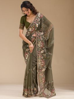 Koskii - Olive Embroidered Saree with Unstitched Blouse
