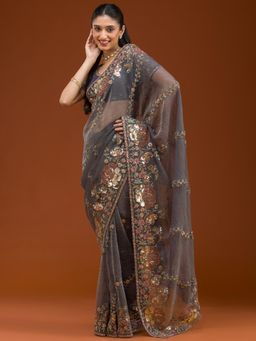 Koskii - Purple Embroidered Saree with Unstitched Blouse