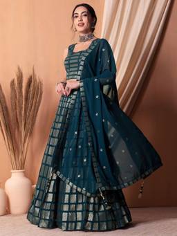 Odette - Teal Embellished Lehenga with Unstitched Blouse and Dupatta