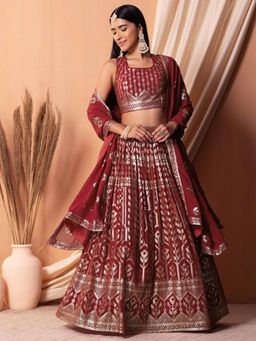 Odette - Maroon Embellished Lehenga with Unstitched Blouse and Dupatta (Set of 3)